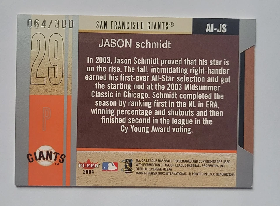 JASON SCHMIDT 2004 FLEER GENUINO INSDER AUTÓGRAFO/300!! RARO 🔥 GIGANTES SF Foto 2 de 2