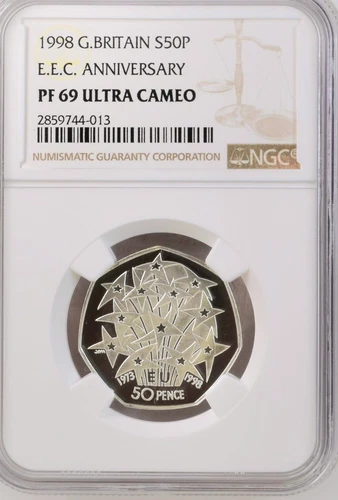 1998 Great Britain Silver 50 Pence E.E.C. Anniversary Proof NGC PF 69