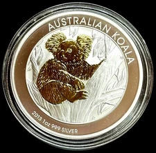 2013 P SILVER AUSTRALIA $1 KOALA 1 OZ .999 FINE GILDED COIN IN CAPSULE