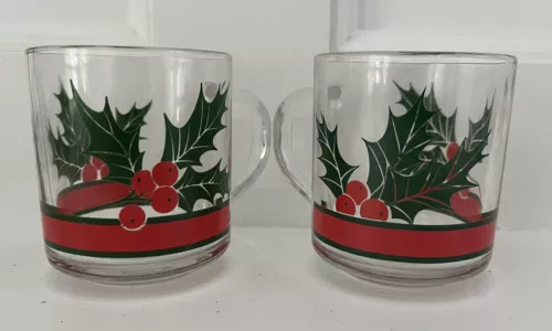 Vintage Libbey Christmas Holly Berry & Ribbon Thick Glass Coffee Mugs Set Of 2