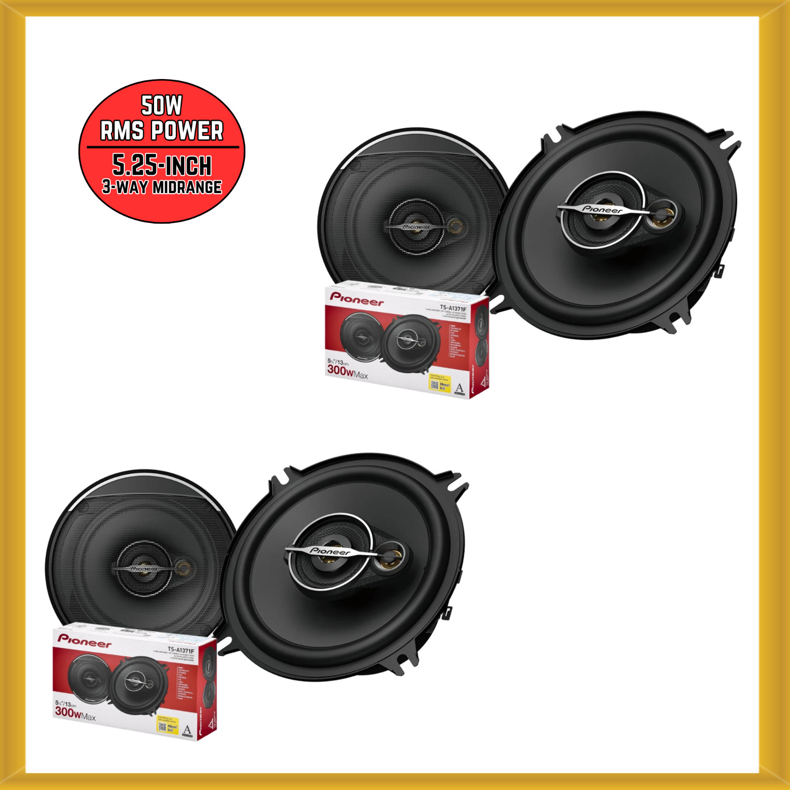 x2 Pioneer TS-A1371F 5.25-inch 50W RMS Power 3-Way Midrange Coaxial Car Speakers