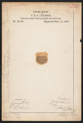 J. & E. Atkinson Trademark Registration 1887 Toilet Preparations Shield Logo