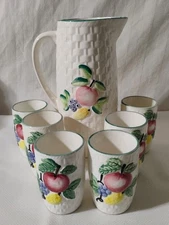 Vintage Japan Ceramic Pitcher And 6 Juice Cups, Fruit Pattern