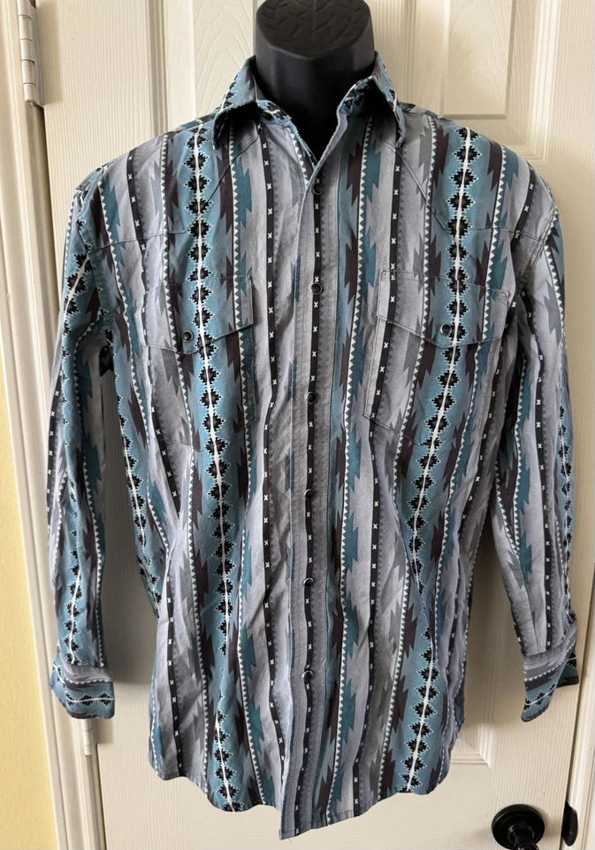 Camisa Azteca Vintage Wrangler Talla Pequeña Brushpopper Perla Occidental A Presión Gris Azul Foto 2 de 4