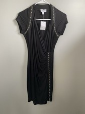 RV: $118  Carmen Marc Valvo Black Studded Faux Leather Trim Wrap Dress Small P