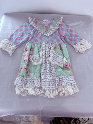 Tutu and Lulu Girls Dress Size 5-6 Pink Blue Geometric Print Long Sleeve