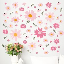 Pink Floral Theme Wall Decals Stickers, Watercolor Flower Botanical Pink Daisy