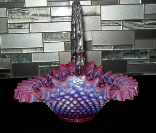 Fenton Cranberry Opalescent Glass Hobnail Lg Basket Ruffled Rim Crimped Handle