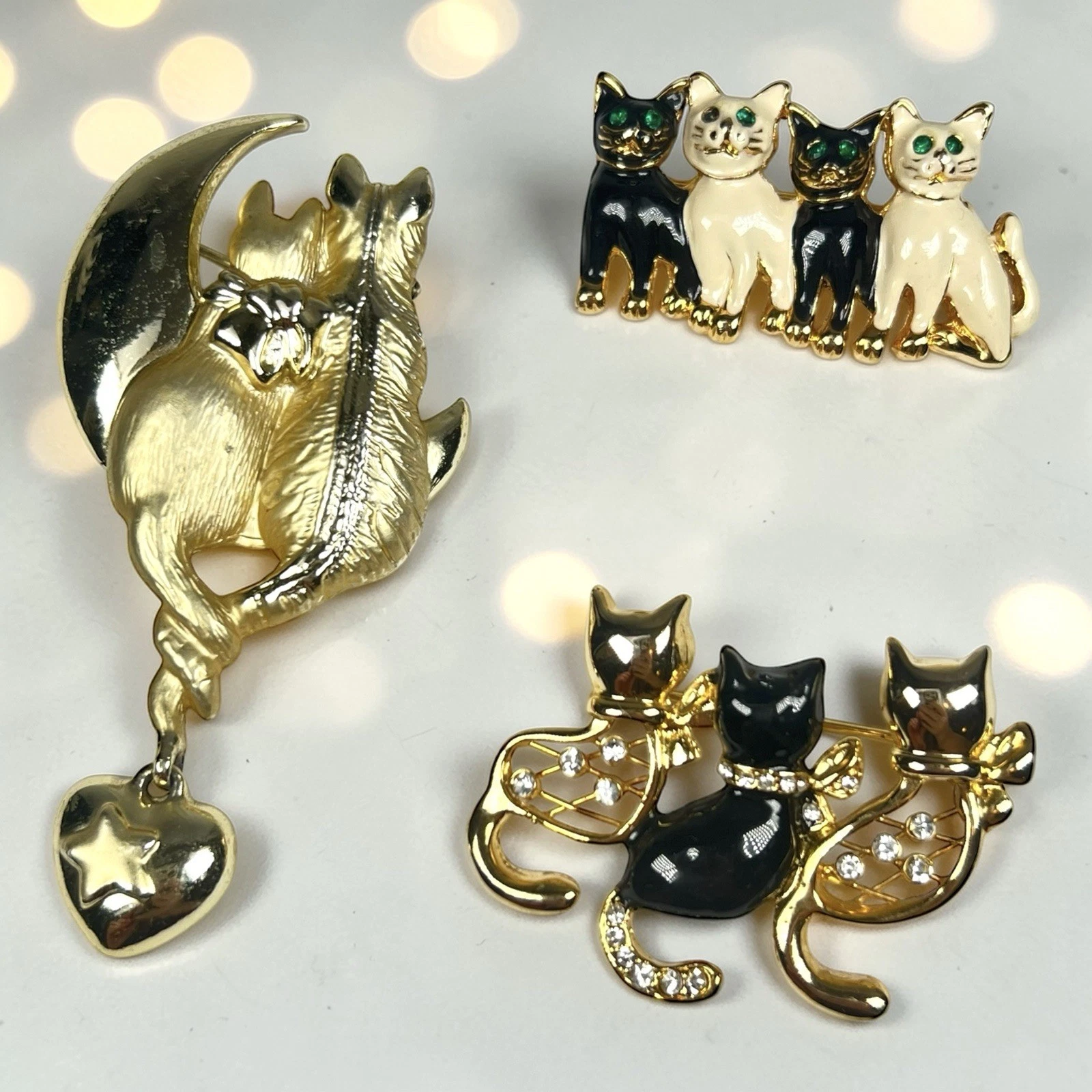 Lot Of 3 Cat Brooches Gold Tone Black And Cream Enamel Rhinestones