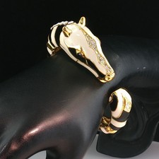 Vintage Zebra Animal Cuff Bracelet Enamel Rhinestone Black White Gold Tone