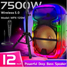 7500W Portable Bluetooth Party Speaker 12 Inch Powerful Subwoofer w/ Mic  Stand