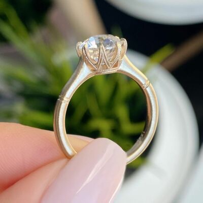14k Yellow Gold Plated Round Old Mine Cut DEF Moissanite Women's Engagement Ring