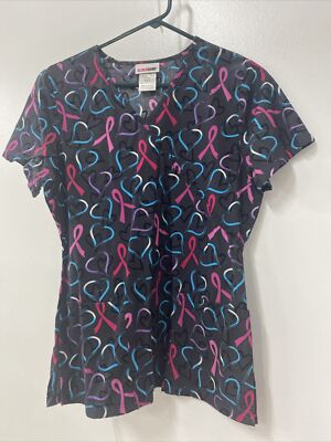 Scrubstar Womens Cancer Awareness V Neck Scrub Top  Small Gray Hope pink ribbon