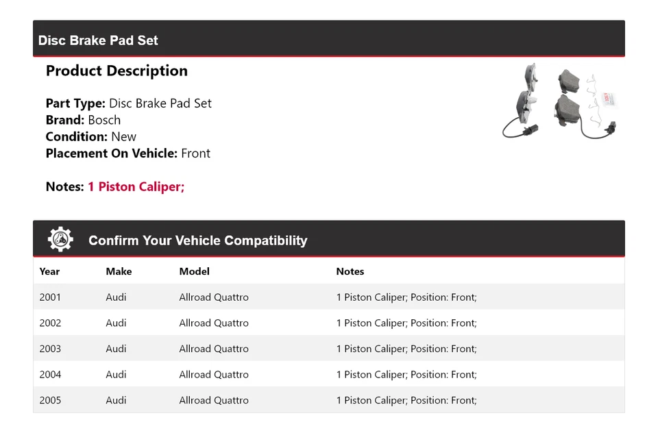 Pastillas de freno delanteras semimetálicas para Audi Allroad Quattro Bosch 2001-2005 2002 Foto 2 de 4