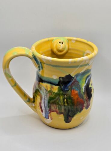 Coffee Mug Studio Pottery Drip Glaze Smiley Face Left Handed  - Afbeelding 1 van 12