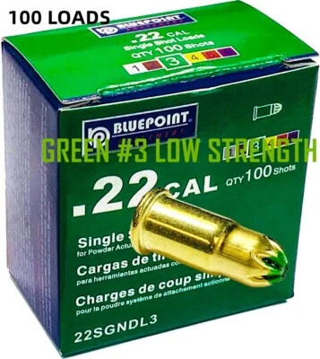 BLUEPOINT 100 #3 Green Loads for .22 Ramset MasterShot Dewalt PAT Fastening Fastener Tools