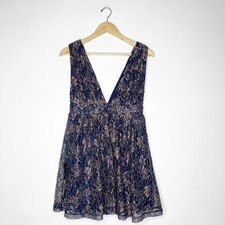 Lulu's Tawny Navy Blue and Gold Metallic Lace Skater Dress Size Small NWT