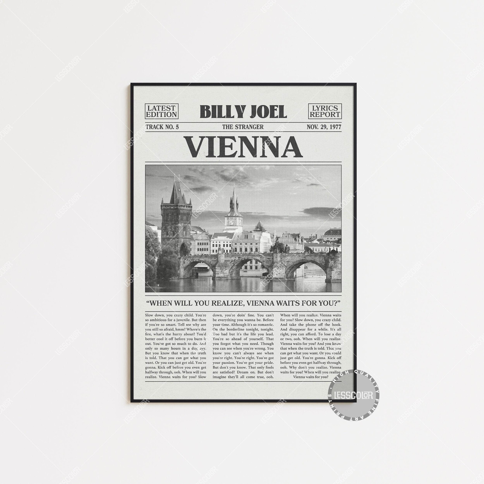 Billy Joel Retro Newspaper Print, Vienna Poster, Vienna Lyrics Print Poster