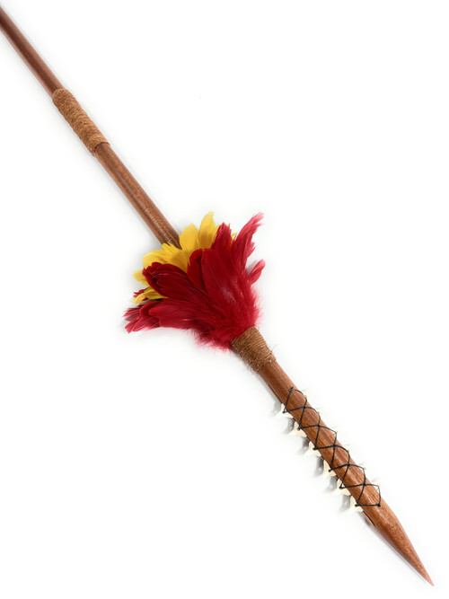 Red R Hawaiian Koa Spear 60 in with 12 Shark Teeth & Red-Yellow Feathers | # ...