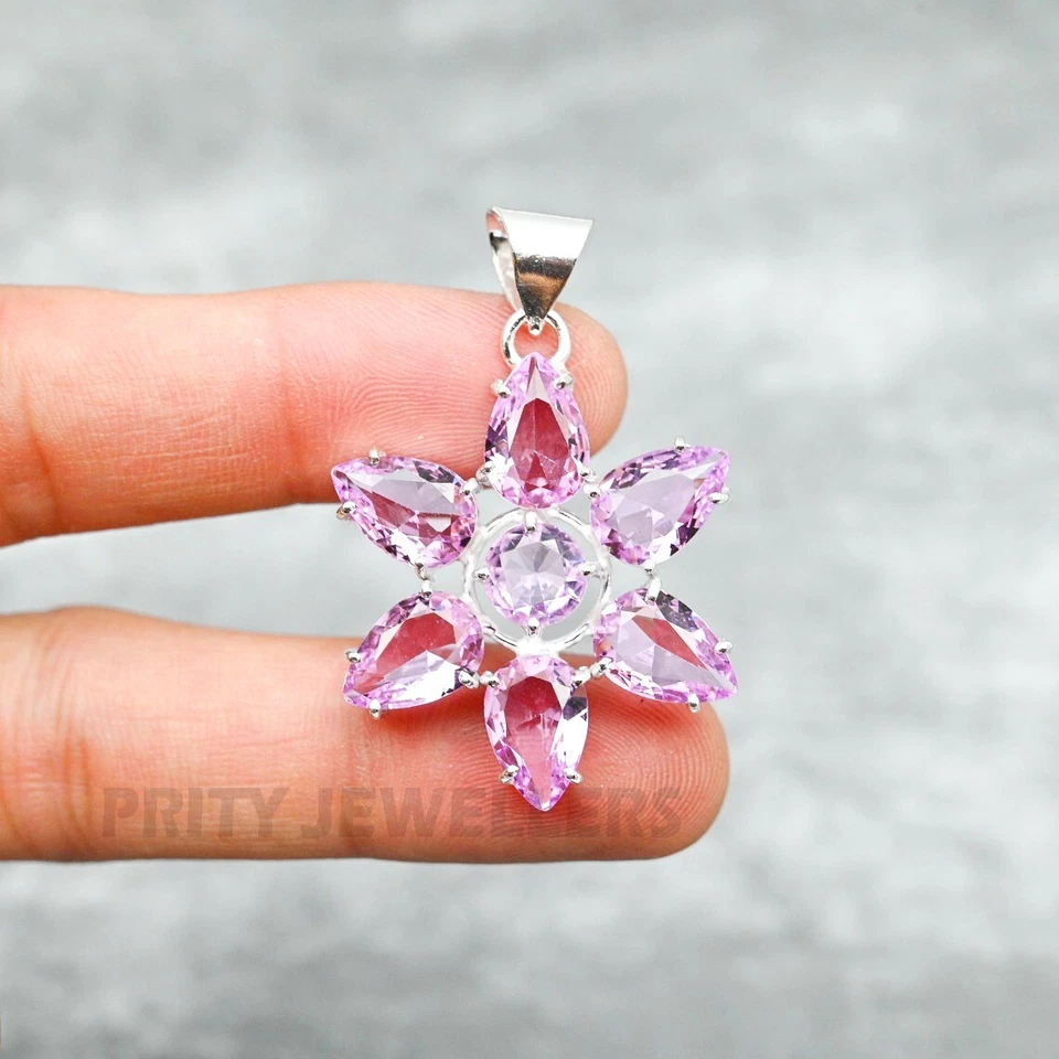 Pink Kunzite Flower Pendant 925 Sterling Silver Handmade Gemstone Jewelry Gift - Image 2 of 4