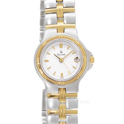 BULOVA Womens Two-Tone Dress Watch, White Dial, Silver Gold Stainless Steel Band
