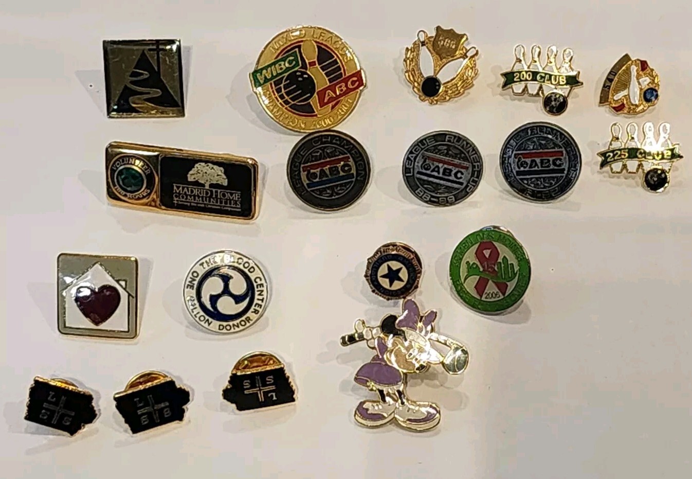 lot lapel pins bowling award volunteer ABC American Auxilary  Disney Minnie LSS