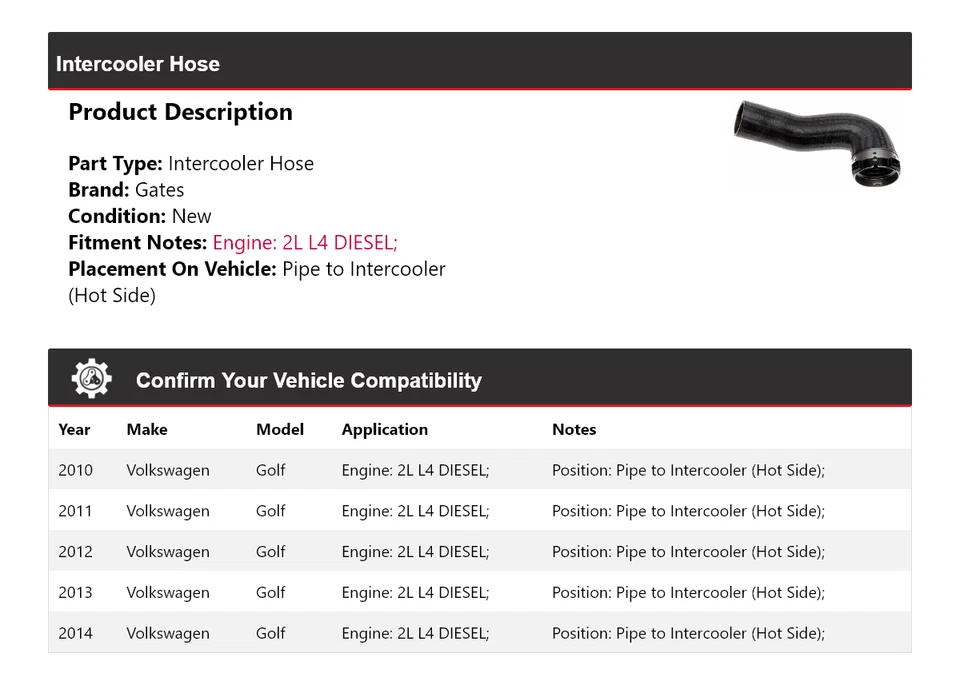 Puertas de manguera intercooler para Volkswagen Golf 2010-2014 2011 2012 2013 Foto 2 de 4