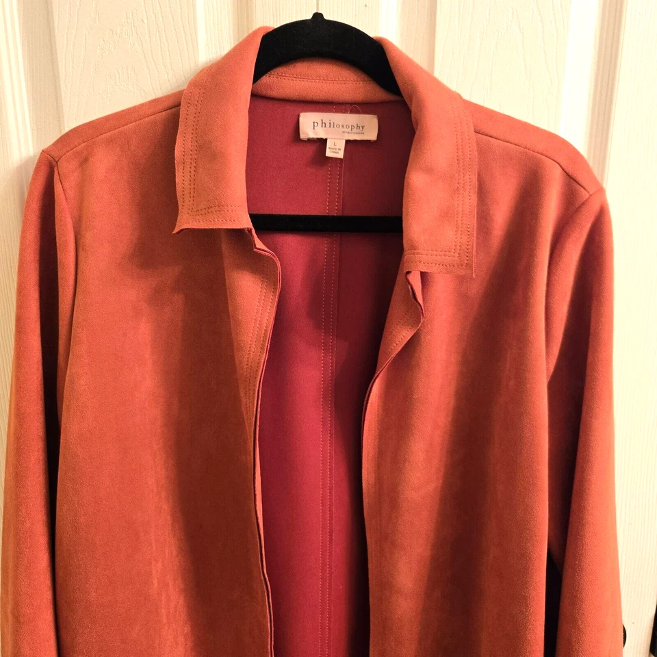 Abrigo Philosophy Imitación Gamuza Cuero Frente Abierto Talla Grande Naranja Quemado Plumero Foto 2 de 4