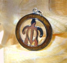 Hawaiian Rhodium Plated On Brass Genuine Inlaid Koa Wood Turtle Round Pendant 1