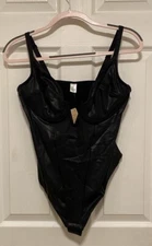 Popilush Faux Leather Deep V Neck Thong Shapewear Tummy Control Bodysuit Size XL