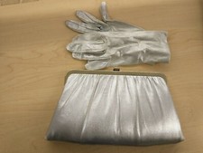 Vintage Silver Gold Trimmed Formal Clutch Purse Handbag Gloves Set