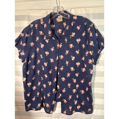 High Sierra Womens XL Navy Blue Floral Rose Print Cotton Button Up Shirt Top
