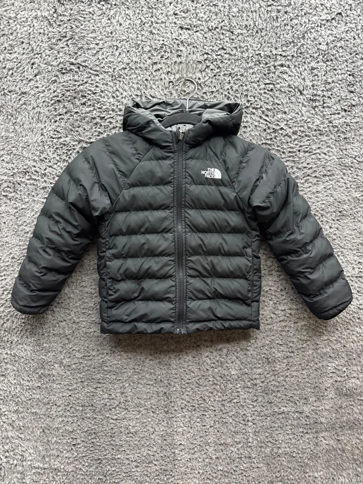 The North Face Reversible Perrito Hooded Puffer Jacket Black Gray Kids Size 6