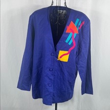 VINTAGE 80's Illustrations Women's Bold Colorful Blazer Size Medium Linen/Cotton