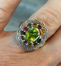 Vintage Multigemstone Peridot Heavy Sterling Silver Ring, Size 9