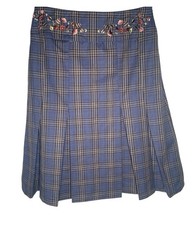 Oilily Wool Skirt Blue Plaid Embroidered Waist Pleated Size XS 4 NWT Preppy
