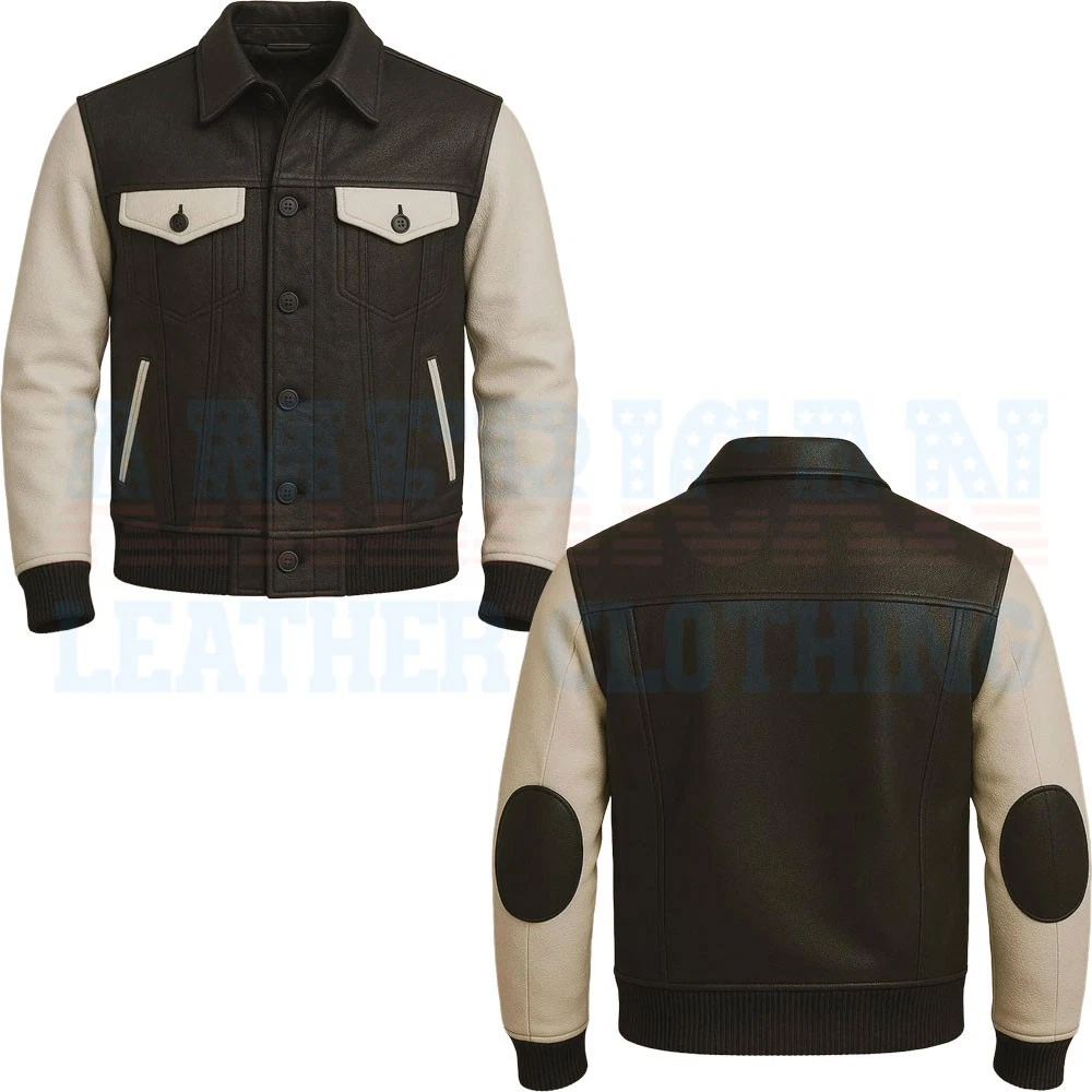 Handmade Lambskin Leather Jacket Men’s Black & Cream Racing Biker Coat – Genuine