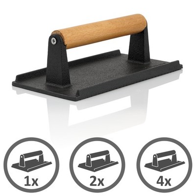 Fleischbeschwerer 1kg Burgerpresse Grillgewicht Gusseisen mit Holzgriff BBQ-Toro