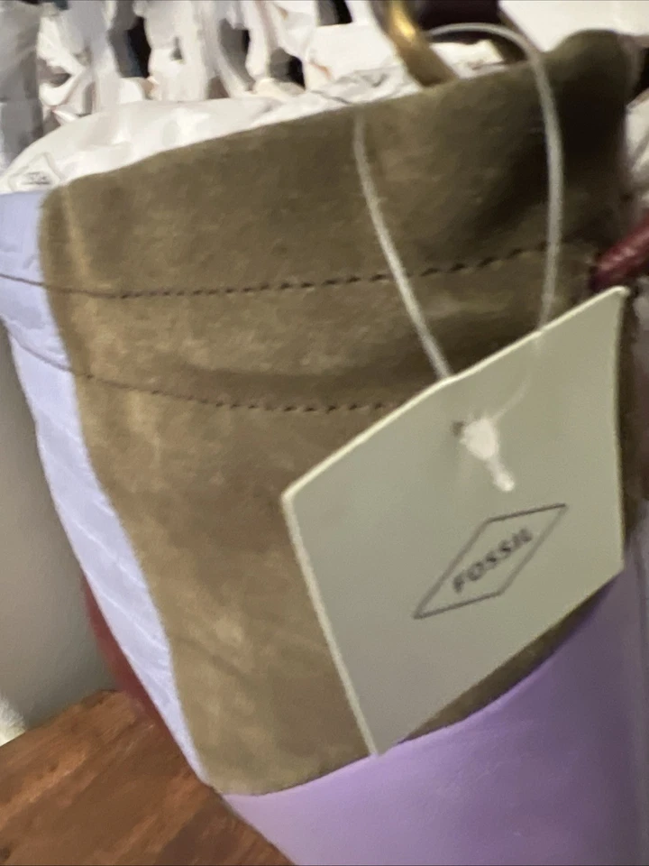 Fossil GiGi Drawstring Cross Body Patchwork Purse Leather and Suede Purple NEW - Image 3 of 4