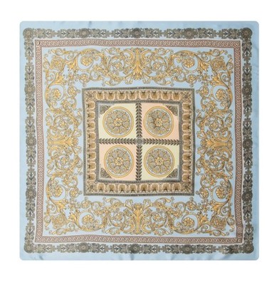 Blue Gold Baroque Satin Scarf 35'' Square Head Neck Hair Wrap Luxury Print