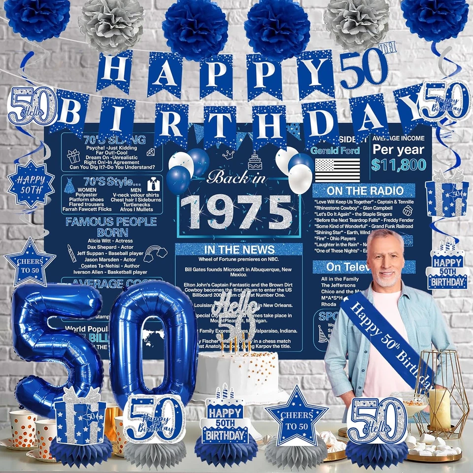 Decoraciones de 50 cumpleaños para hombres o mujeres - telón de fondo 1975, pancarta, remolino Foto 4 de 4