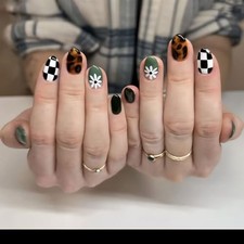 Western Press on Nails Medium Oval Fake Nails Tortoiseshell False Style-33