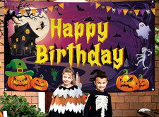 Halloween Birthday Banner 72x44" Purple Party Backdrop Ghost Pumpkin Bat Decor