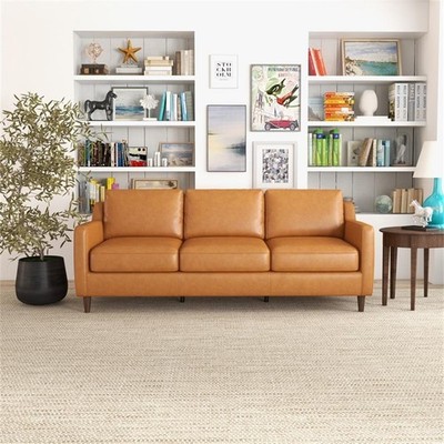 Pemberly Row Genuine Italian Leather Upholstered Sofa in Cognac/Tan