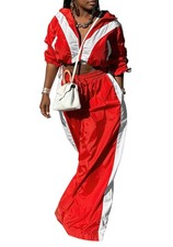 Women Sweatsuits 2 Piece Outfit Color Block Crop Zipper Tops  Elastic Waist ...