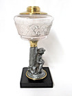 ANTIQUE VICTORIAN COMPOSITE OIL LAMP MAN & DOG FIGURAL STEM, EAPG GLASS FONT — photo 5