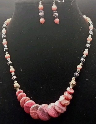Delicate Handcrafted Necklace Stacked Rhodochrosite & Fire Polished Crystals 20''