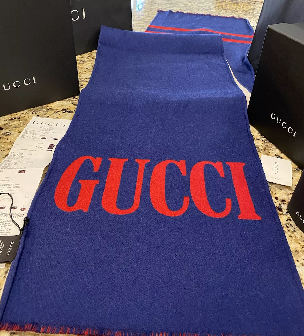 Neuf 1K Gucci 2019 bleu logo GG 75 laine écharpe cape manteau veste boîte sac cadeau S M L