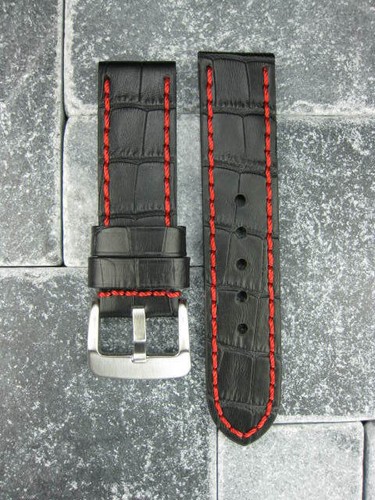 24mm BIG CROCO Leather Strap Black Thick Watch Band Belt Red Stitch for PANERAI - Picture 2 of 8