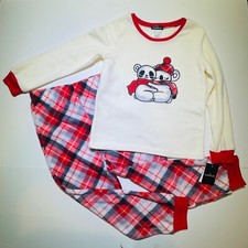 NWT Girls Cuddl Duds pajama 2pc fleece set 6/6x 7/8 red plaid koala panda 28